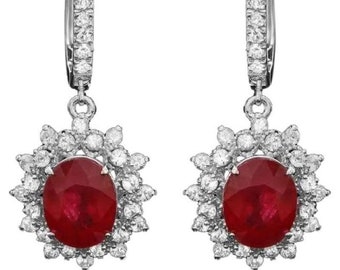 9.80Ct Natural Ruby and Diamond 14K Solid White Gold Earrings
