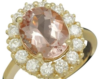 Anillo de oro amarillo sólido de 4,50 quilates de morganita natural y diamante de 14 quilates