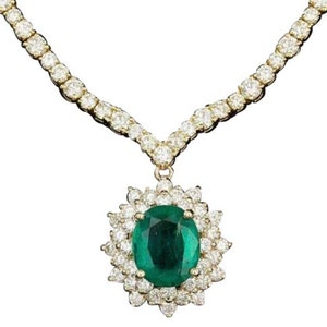 17.60Ct Natural Emerald & Diamond 18K Solid Yellow Gold Necklace