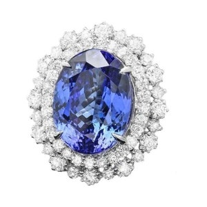 12.80 Carats Natural Tanzanite and Diamond 18K Solid White Gold Ring