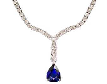 5.60カラット天然サファイアとダイヤモンド 18K ソリッド ホワイト ゴールド ネックレス