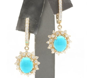 5.80 Carats Natural Turquoise and Diamond 14K Solid Yellow Gold Earrings