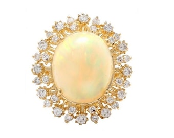8.65ct Natuurlijke Ethiopische Opaal en Diamant 14k Solid Yellow Gold Ring