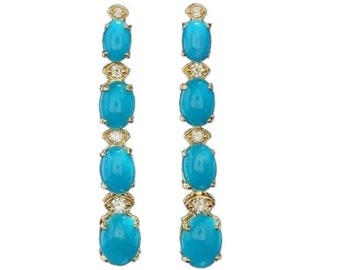 5.70Ct Natural Turquoise and Diamond 14K Solid Yellow Gold Earrings