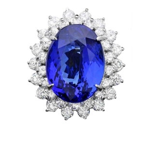 13.00 Carats Natural Tanzanite and Diamond 14k Solid White Gold Ring