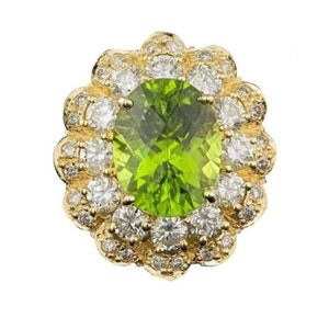 7.60 Carats Natural Peridot and Diamond 14K Solid Yellow Gold Ring