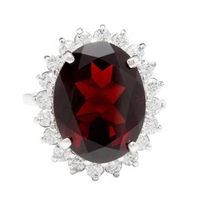 Anello in oro bianco massiccio 14k 14k carati granato rosso naturale e diamanti