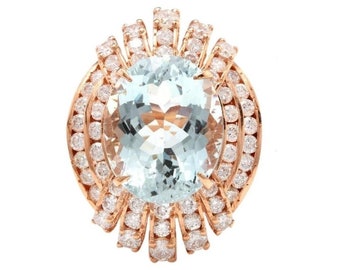 Anillo de oro rosa natural de 11.00ct aquamarina y diamante de 14k