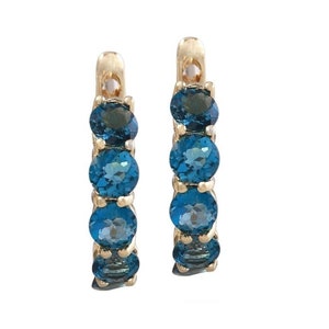 Exquisite Top Quality 2.60 Carats Natural London Blue Topaz 14K Solid Yellow Gold Huggie Earrings