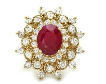 6.00 Carats Natural Red Ruby and Diamond 14k Yellow Gold Solid Ring