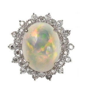 6.73ct Natural Ethiopian Opal and Diamond 14k Solid White Gold Ring