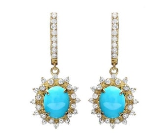 5.30Ct Natural Turquoise and Diamond 14K Solid Yellow Gold Earrings
