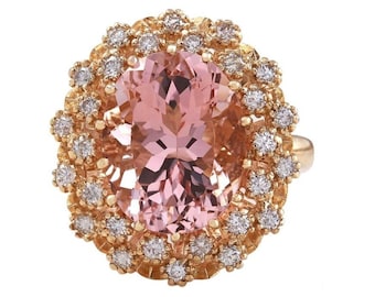 Anillo de oro amarillo sólido de 15.30 quilates morganita natural y diamante de 14k