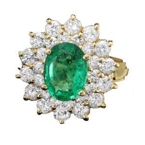 3.50ct Natural Emerald & Diamond 14k Solid Yellow Gold Ring