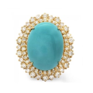 13.00 Carats Natural Turquoise and Diamond 14k Solid Yellow Gold Ring