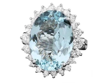 10.10 Carats Natural Aquamarine and Diamond 14K Solid White Gold Ring