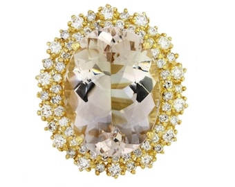 Anillo de oro amarillo sólido de 15.94 quilates morganita natural y diamante de 14k