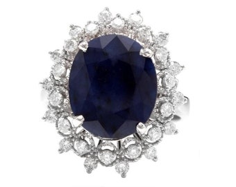 7.35ct Natural Blue Sapphire & Diamond 14k Solid White Gold Ring