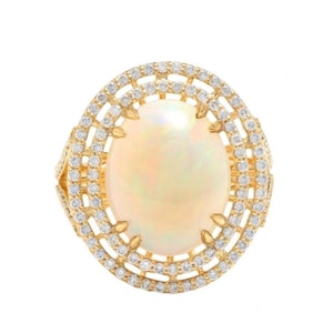 6.30ct Natural Ethiopian Opal and Diamond 14k Solid Yellow Gold Ring