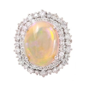 8.30Ct Natural Ethiopian Opal and Diamond 14K Solid White Gold Ring