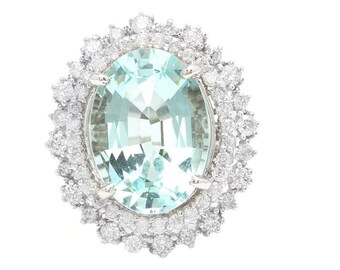 11.10 Carats Exquisite Natural Aquamarine and Diamond 14K Solid White Gold Ring