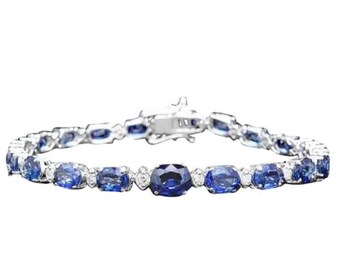 Bransoletka z litego białego złota 14K z naturalnym szafirem i diamentami w kolorze niebieskim 14,50