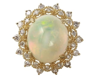 6.90ct Natuurlijke Ethiopische Opaal en Diamant 14k Massief Geel Goud Ring