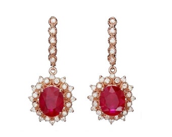 10.40Ct Natural Ruby and Diamond 14K Solid Rose Gold Earrings