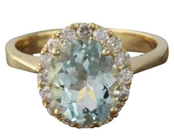 2.75ct Natural Aquamarine and Diamond 14k Solid Yellow Gold Ring