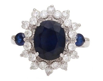 5.55ct Natural Blue Sapphire & Diamond 14k Solid White Gold Ring