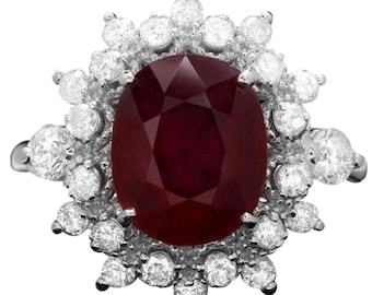 4.10 Carats Natural Red Ruby and Diamond 14k Solid White Gold Ring