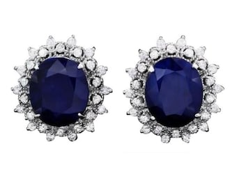 Brincos de ouro branco maciço de 19,10 quilates com safira natural e diamante 14K