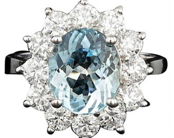 6.10 Carats Natural Aquamarine and Diamond 14k Solid White Gold Ring