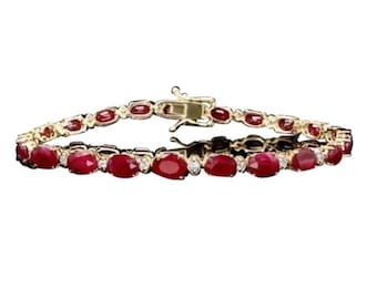 16.30Ct Roter Rubin & Diamant 14K Massives Gelbgold Armband