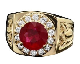 4.50 Carats Natural Red Ruby and Diamond 14K Solid Yellow Gold Men's Ring