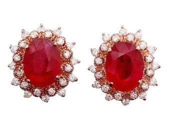 12.10Ct Natural Ruby and Diamond 14K Solid Rose Gold Earrings