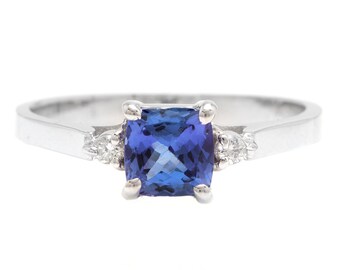 Natural Tanzanite and Diamond 14k Solid White Gold Ring