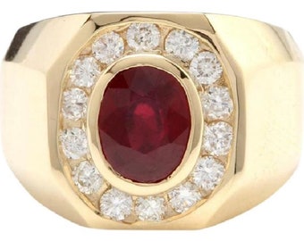 4.60ct Natural Ruby and Diamond 14k Solid Yellow Gold Men's Ring