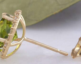 6.7カラット14 K Solidゴールドスタッドイヤリング天然ペリドット 14金ホワイトゴールド 2mm天然ペリドット シンプルスタッドピアス N