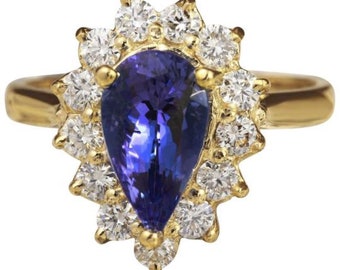 Anillo de oro amarillo de 2,65 quilates de tanzanita natural y diamante sólido de 14 quilates