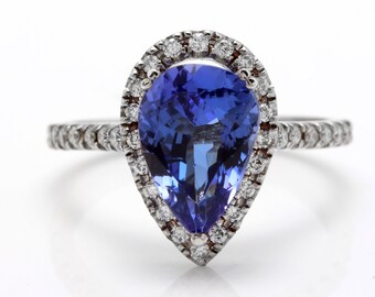 3.10 Karat Natürlicher Tansanit und Diamant 14k Massiver Weißgold Ring