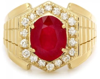 6.10 Carats Natural Red Ruby and Diamond 14K Solid Yellow Gold Men's Ring