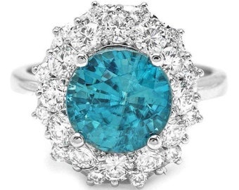 6.70 Karaat Natuurlijke Blauwe Zirkoon en Diamant 14K Massief Wit Goud Ring
