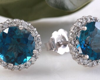 4.45Ct Natürliche London Blue Topaz und Diamant Ohrringe
