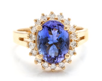 4.10 Carats Natural Tanzanite and Diamond 14k Solid Yellow Gold  Ring