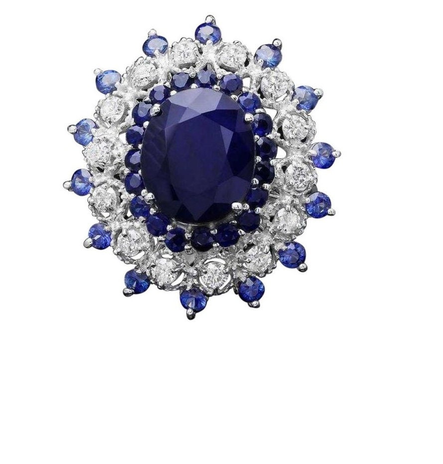 9.70ct Natural Blue Sapphire & Diamond 14k Anillo de Oro Blanco SĂłlido