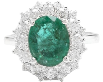 4.50ct Natural Emerald & Diamond Solid 14k White Gold Ring