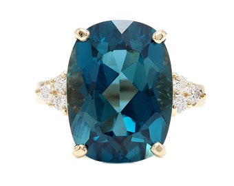 9.85ct Natural London Blue Topaz & Diamond 14k Yellow Gold Solid Ring