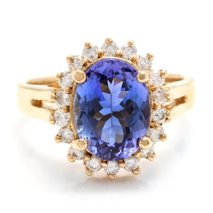 Anillo de oro amarillo sólido de 4,10 quilates de tanzanita natural y diamante de 14k