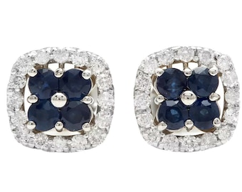 Brincos de ouro branco maciço 14K com safira natural e diamante de 1,50 quilates